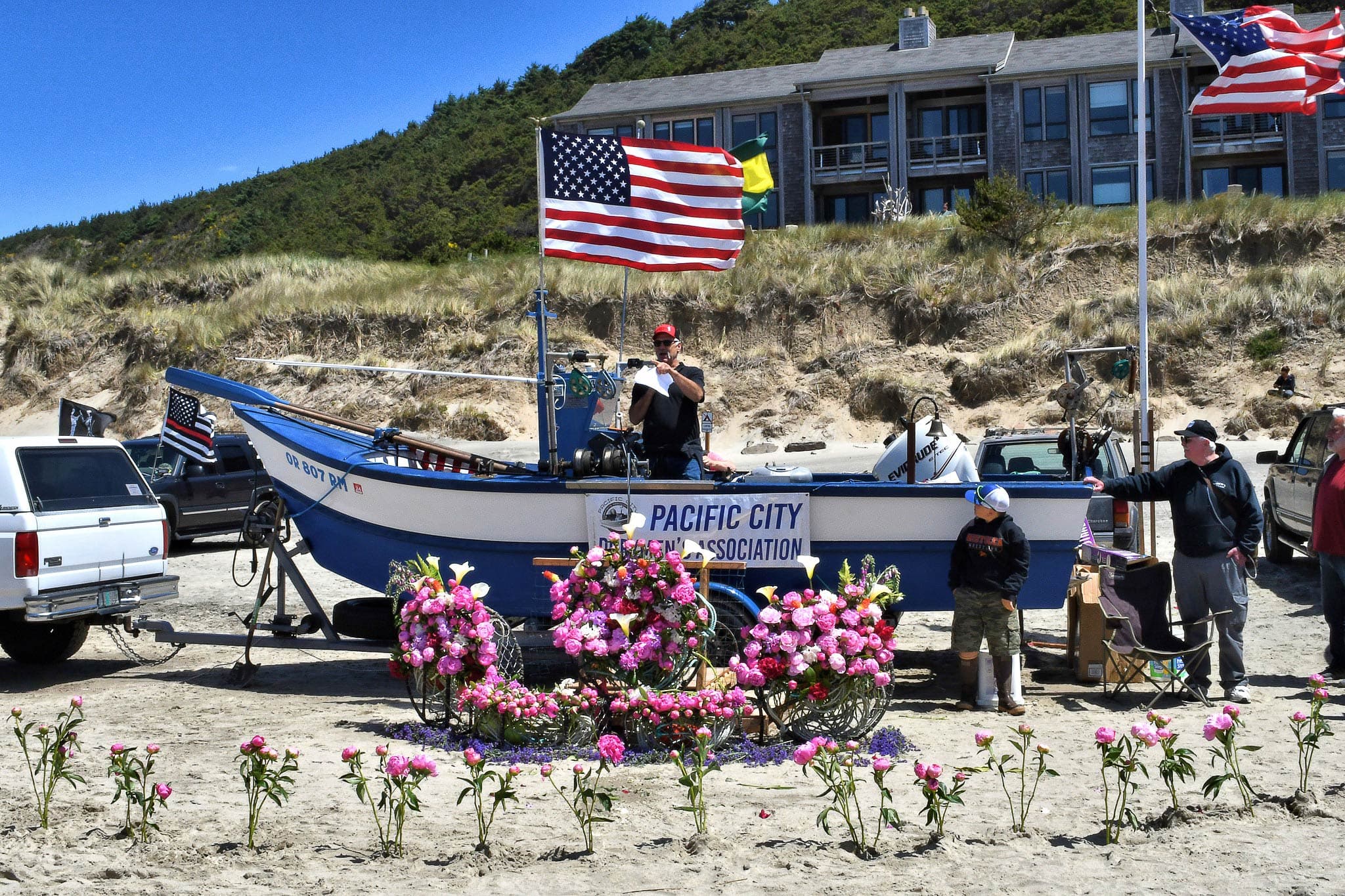 Boat Flowers And American Flags
